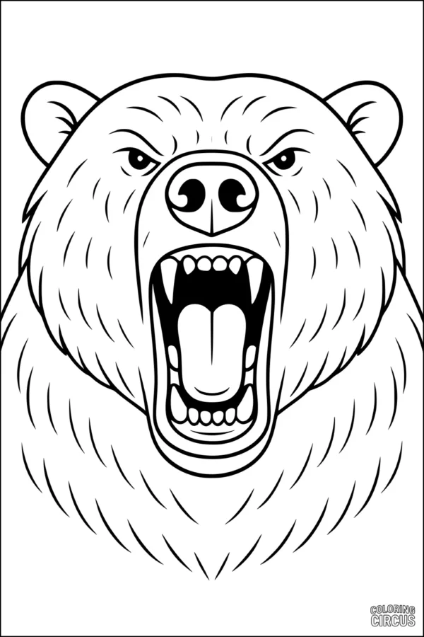 Coloring page featuring a roaring polar bear face with thick fur and wide open mouth