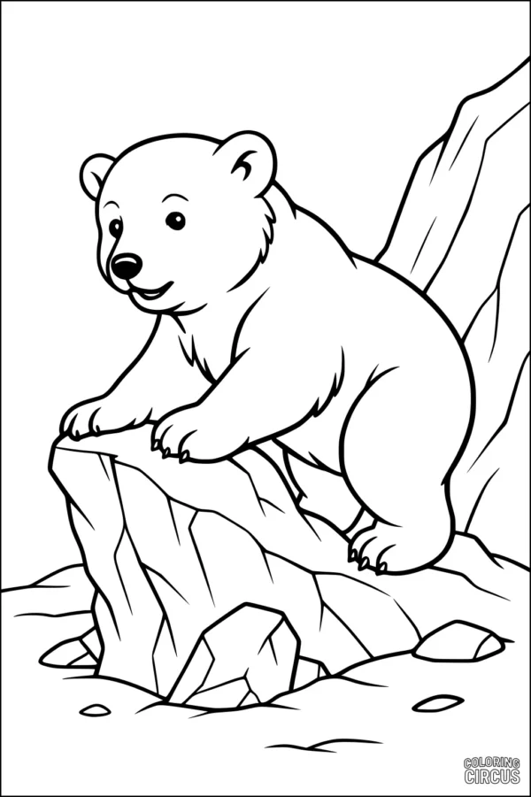 Coloring page featuring a cartoon polar bear standing on rocky terrain in the Arctic
