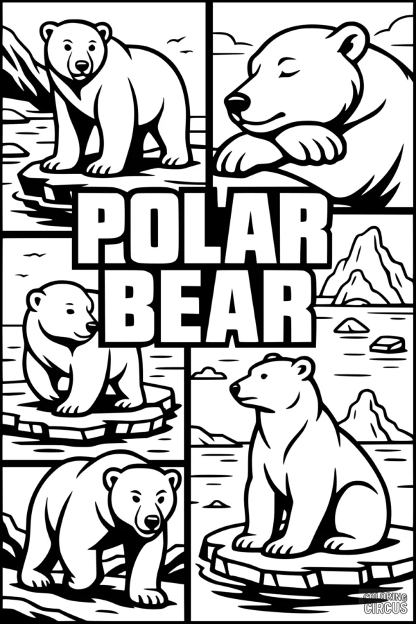Coloring page of several cartoon polar bears in Arctic landscapes with icebergs and water