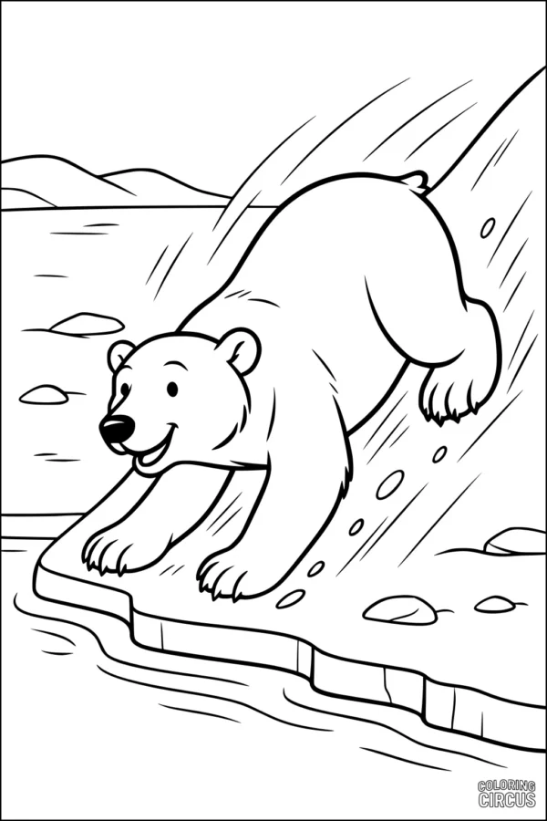 Coloring page featuring a cartoon polar bear sliding down an icy slope into water, with snowy landscape and playful expression.