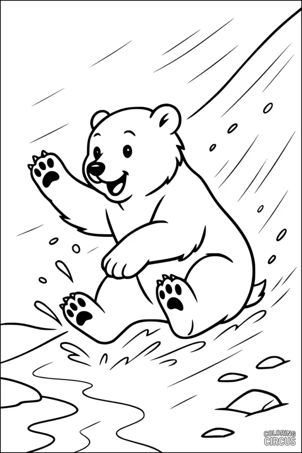 Coloring page of a cheerful polar bear cub splashing down a snowy slope with water and rocks around