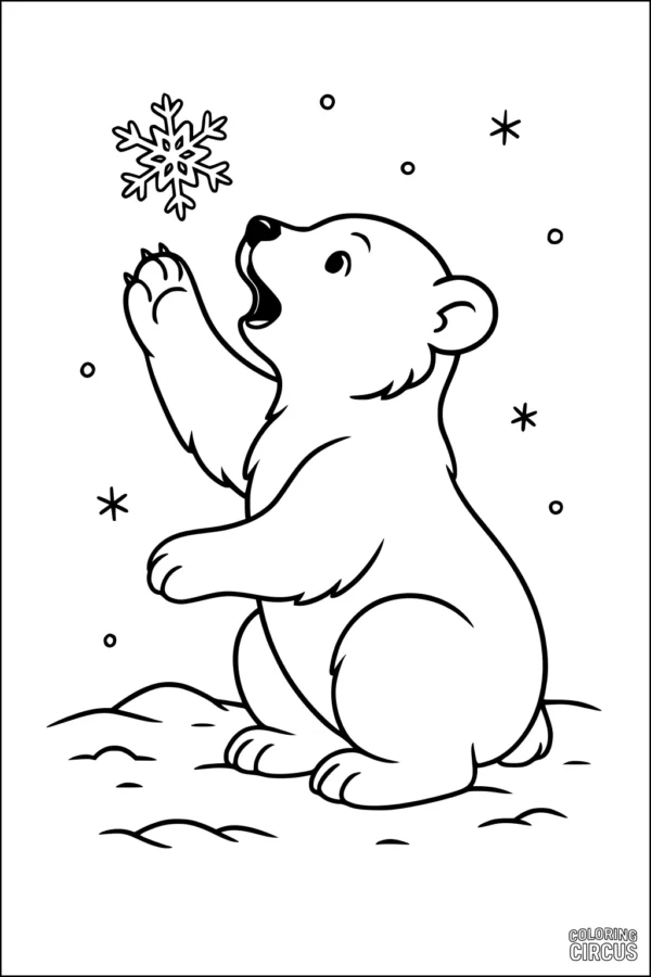 Coloring page of a cartoon polar bear cub reaching for a snowflake in a snowy scene