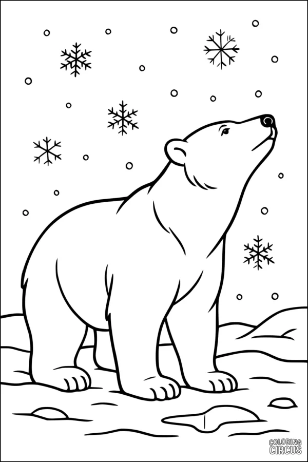 Coloring page of a friendly polar bear standing in snow with falling snowflakes