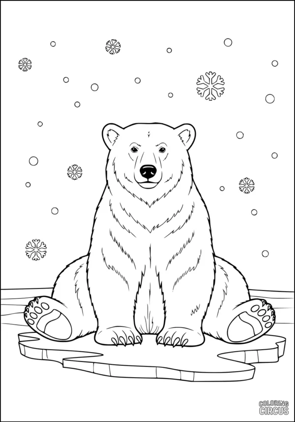 Coloring page featuring a friendly polar bear sitting on ice with snowflakes falling
