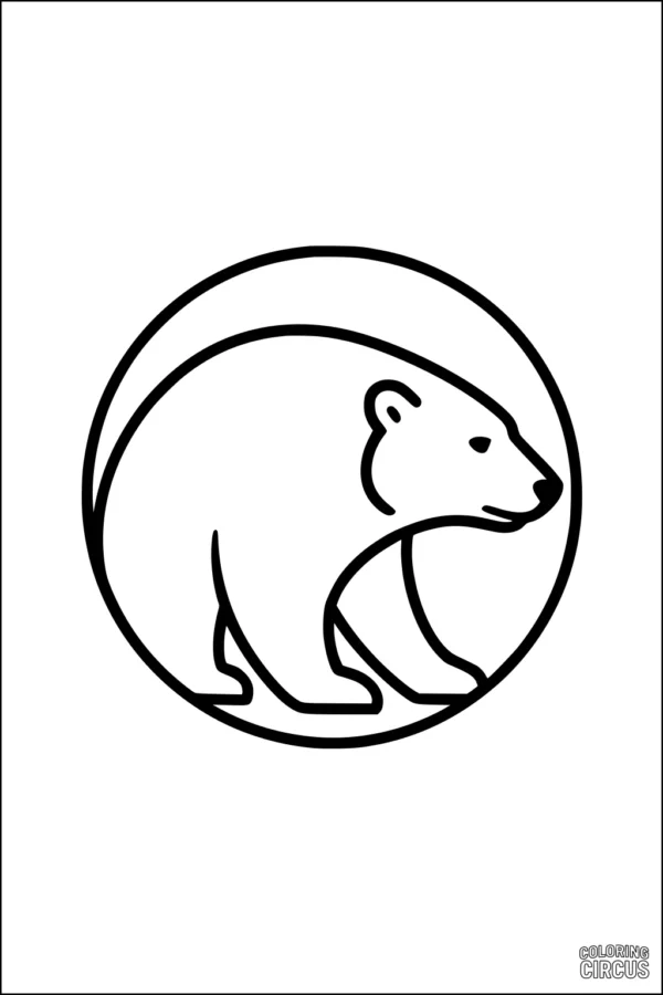 Coloring page featuring a simple cartoon polar bear inside a circle