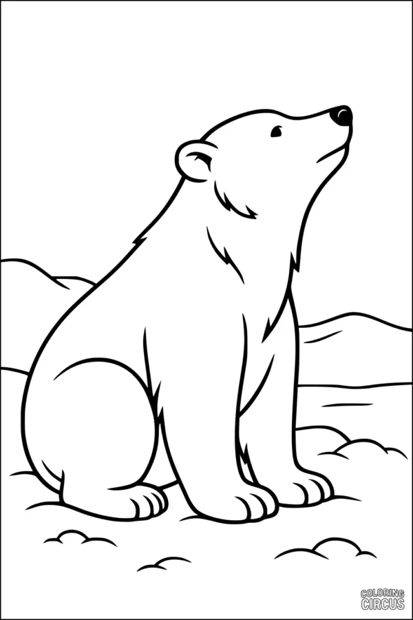 Coloring page featuring a cute polar bear sitting in a snowy arctic landscape with gentle hills in the background.