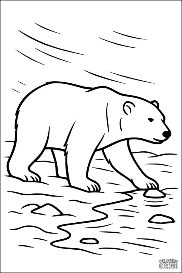 Coloring page of a polar bear walking beside a winding icy stream with wind swirling overhead