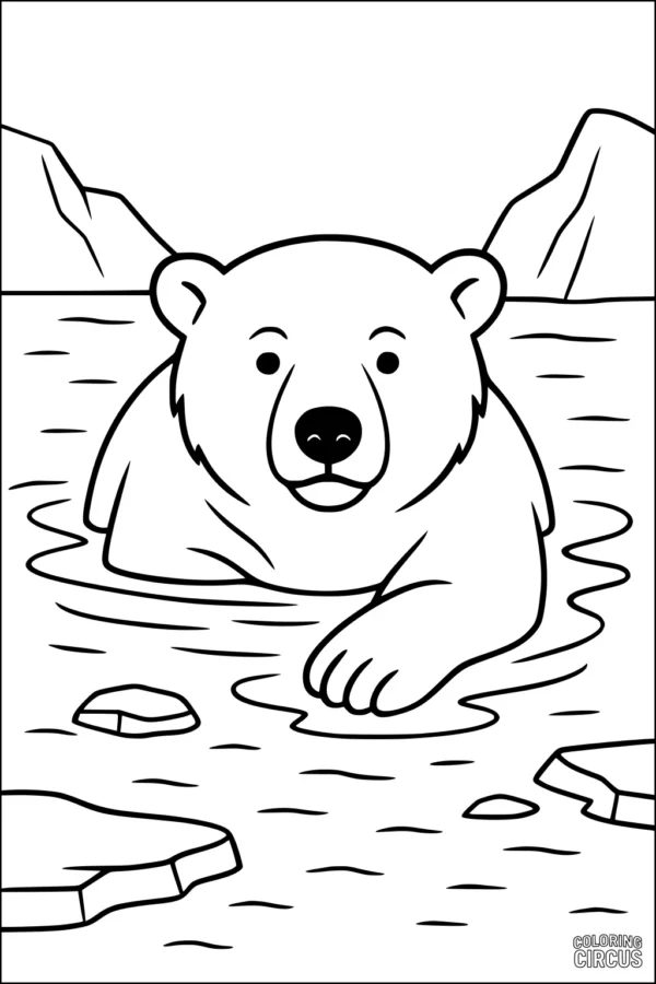 Coloring page showing a polar bear swimming in icy water with mountains and ice floes in the background