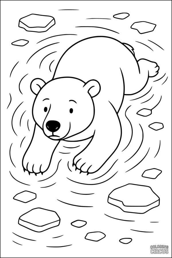 Coloring page of a cute polar bear swimming among floating ice in the Arctic.