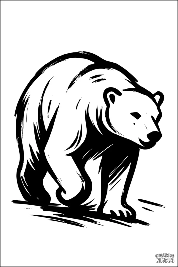 Coloring page of a polar bear walking with bold outlines