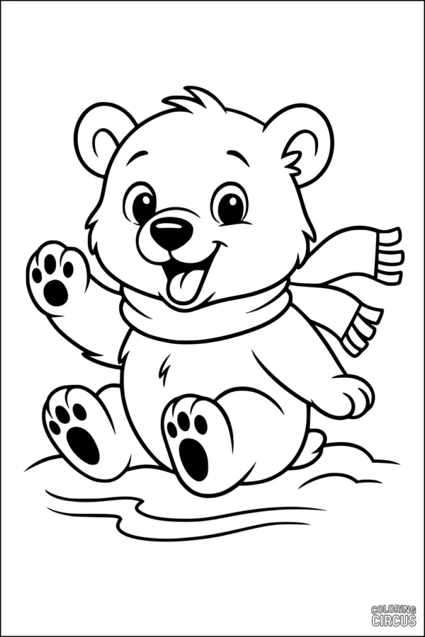 Coloring page showing a cute cartoon polar bear sitting on snow, waving, and wearing a scarf