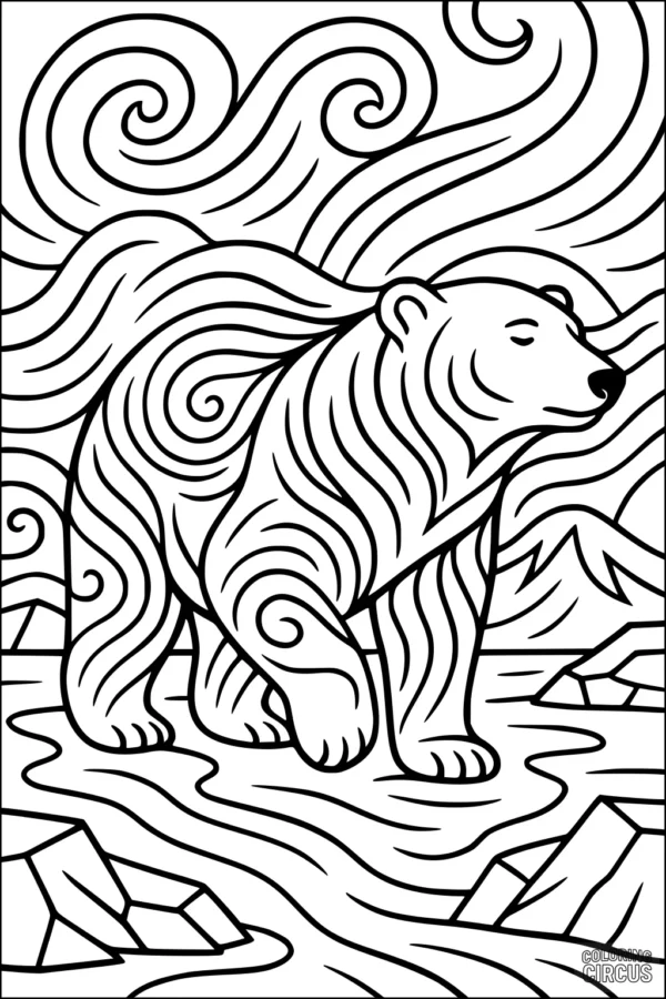 Coloring page showing a polar bear with swirling winds and arctic landscape
