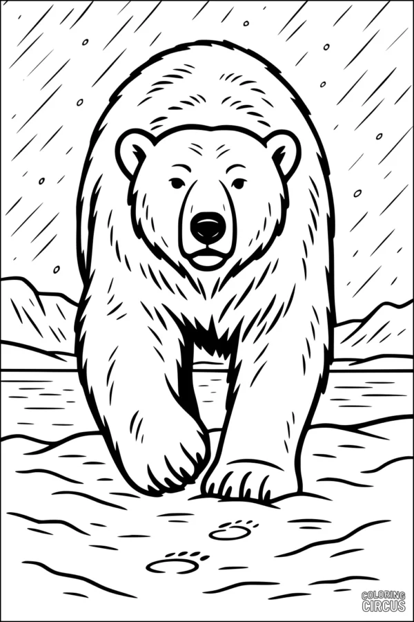 Coloring page depicting a polar bear walking on snowy ground with falling snow and mountains in the background