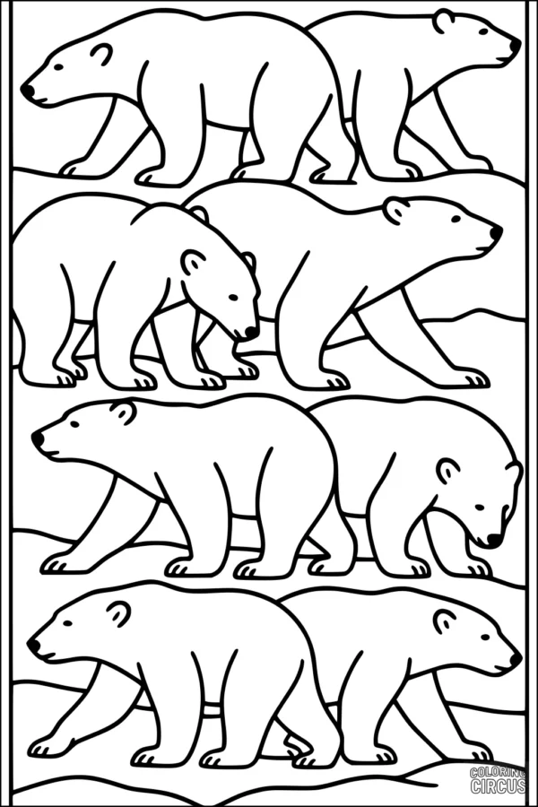 Coloring page featuring five polar bears walking over snowy hills, simple outlines for children