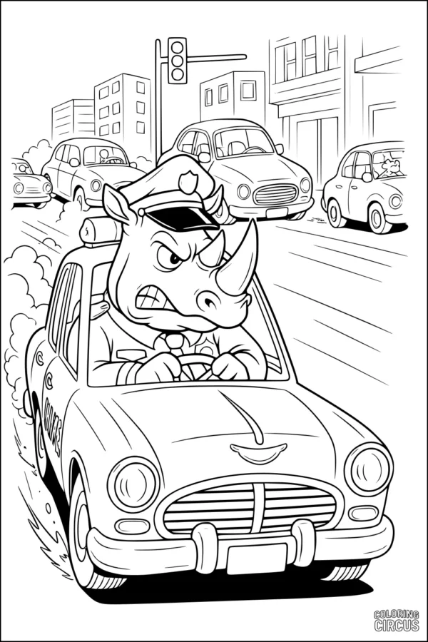 Coloring page featuring a cartoon rhinoceros police officer driving a car in a busy city street