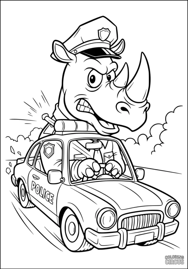 Coloring page of cartoon police rhinoceros driving a police car for kids