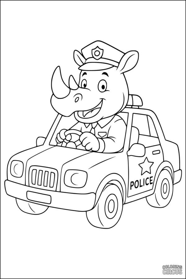 Coloring page featuring a cartoon rhinoceros police officer driving a patrol car