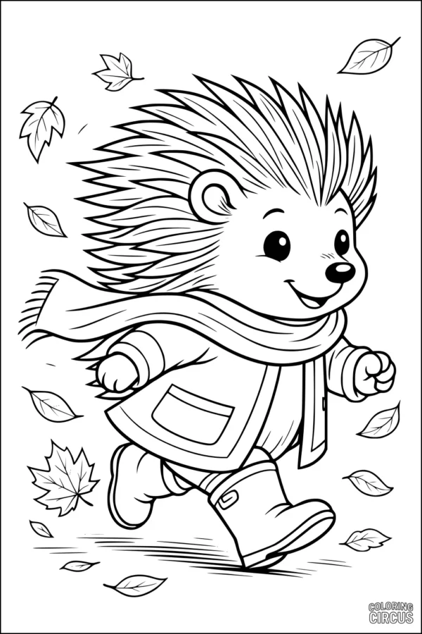 Coloring page of happy cartoon porcupine in scarf and boots running with autumn leaves