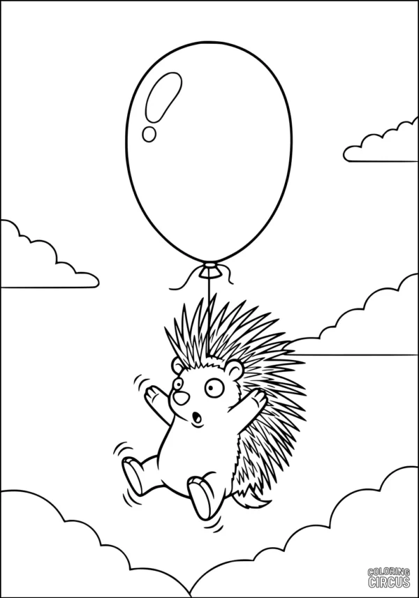 Coloring page cute porcupine floating with a balloon above clouds in the sky