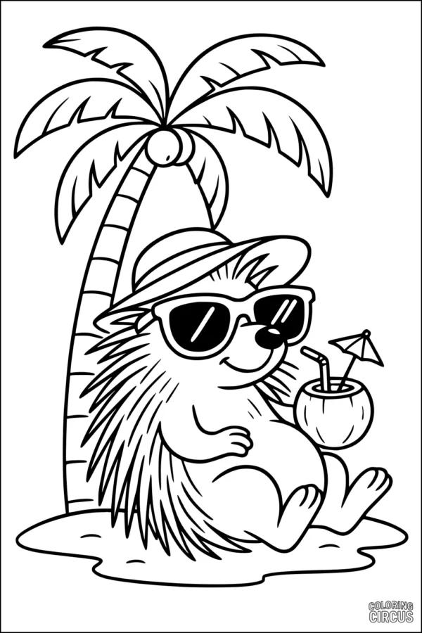 Coloring page of a cartoon porcupine relaxing under a palm tree with sunglasses and a coconut drink