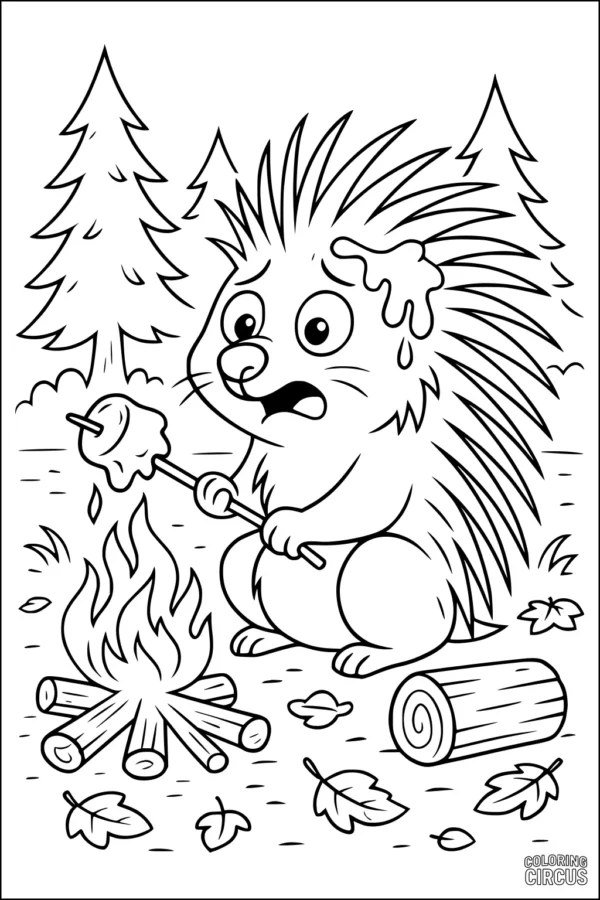 Coloring page showing a cartoon porcupine roasting a marshmallow over a campfire in the forest