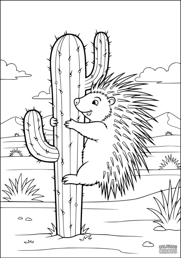 Coloring page of a smiling porcupine hugging a cactus in a desert landscape with mountains and plants