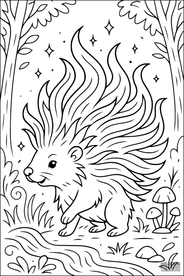 Coloring page featuring a cartoon porcupine with long quills in a whimsical forest setting