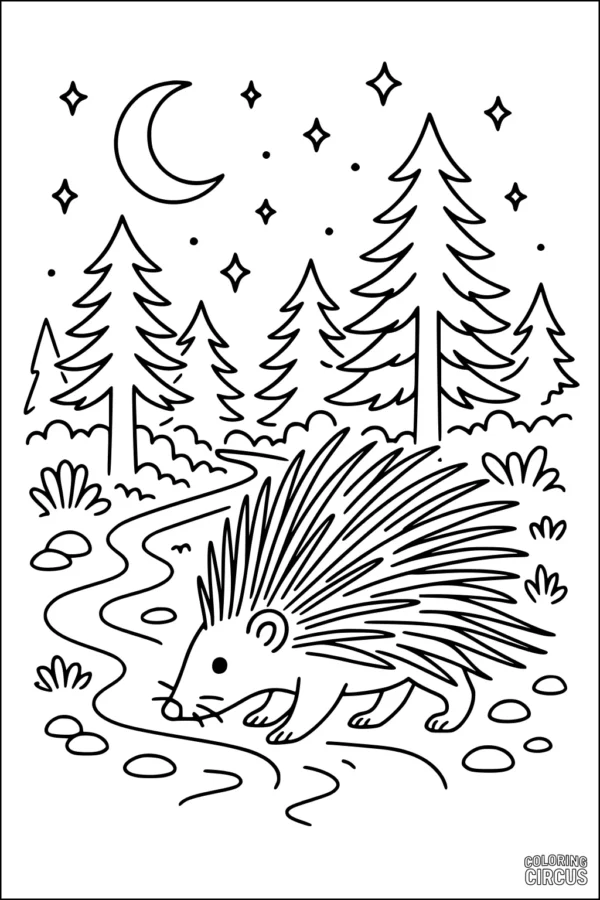 Coloring page of a porcupine walking in a forest at night under moon and stars
