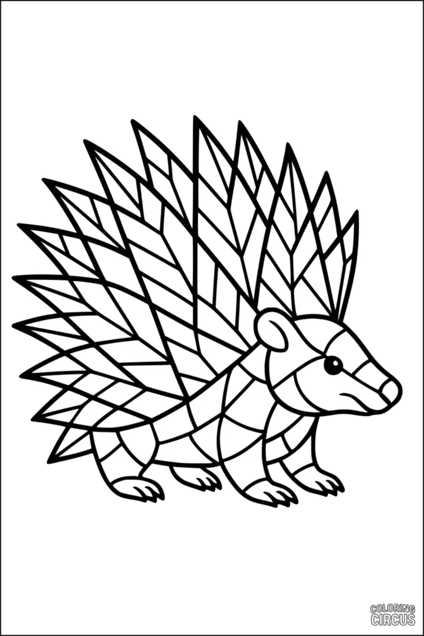 Coloring page featuring a stylized patterned porcupine with geometric quills