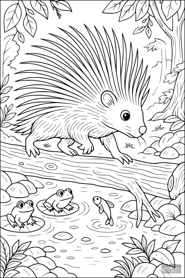 Coloring page featuring a porcupine walking on a log over a stream with frogs and fish in a forest scene