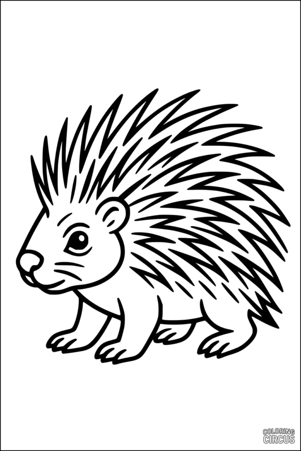 Coloring page of a cute cartoon porcupine with big eyes and spiky quills