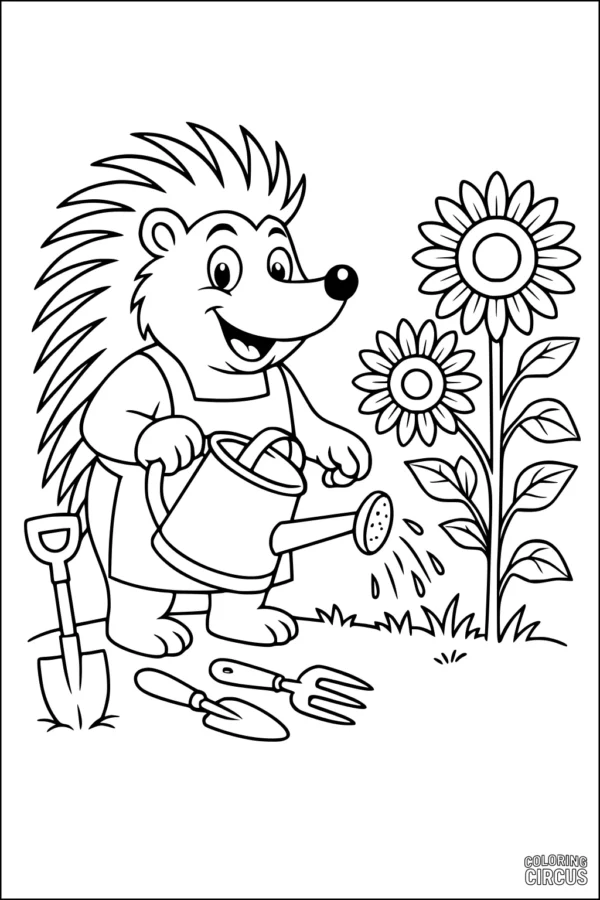 Coloring page of a friendly porcupine watering sunflowers in a garden