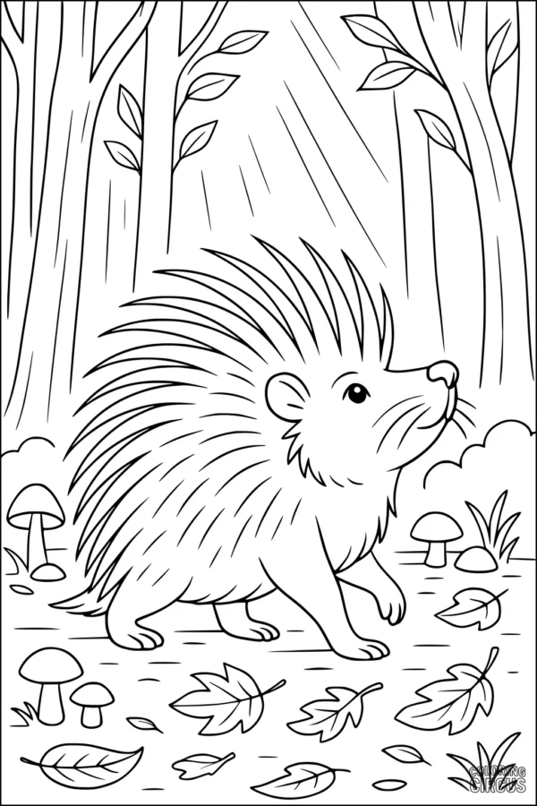 Coloring page of a cute porcupine walking in a sunlit autumn forest with leaves and mushrooms.
