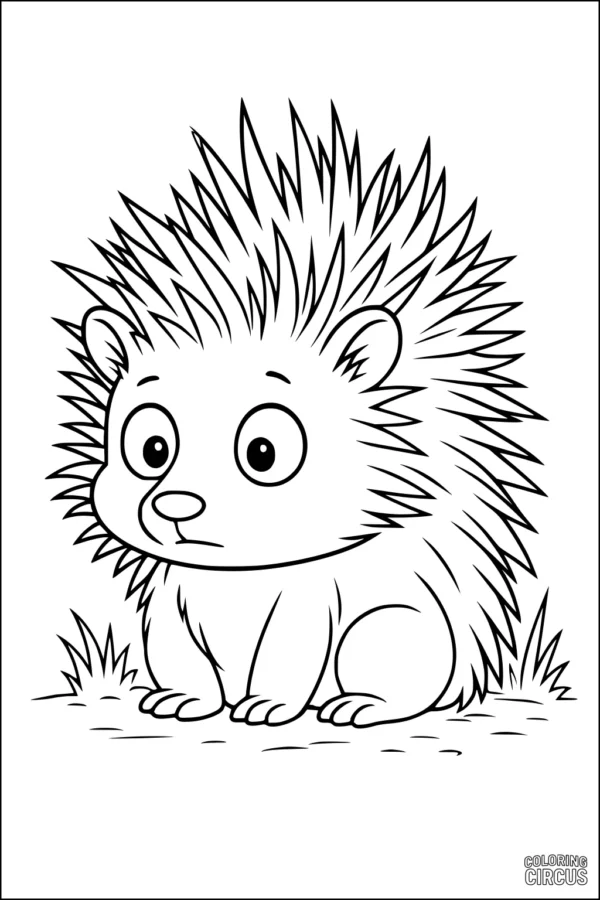 Coloring page of a cute porcupine sitting in grass, with large eyes and spiky quills