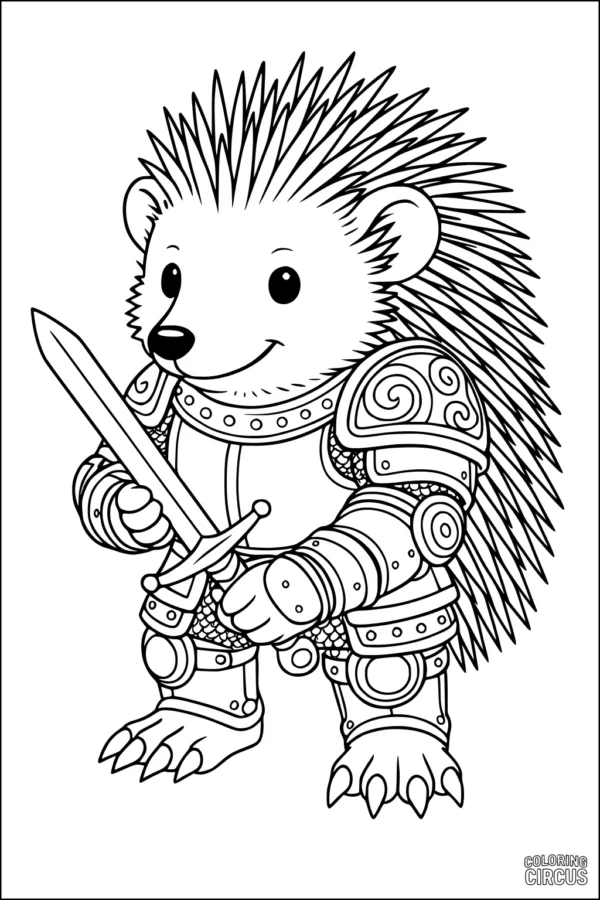 Coloring page of a friendly porcupine dressed as a knight with sword and armor