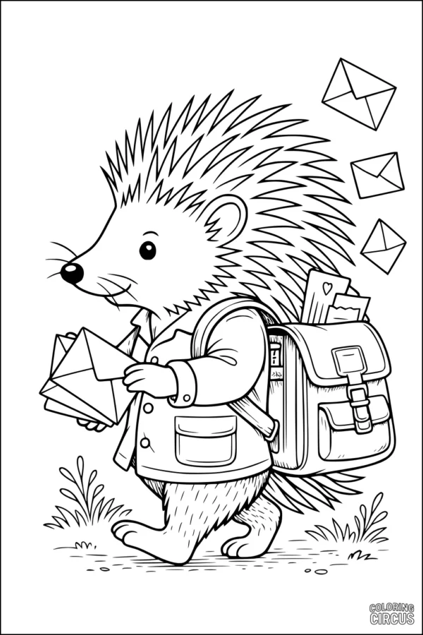 Coloring page of a cute porcupine mail carrier holding letters