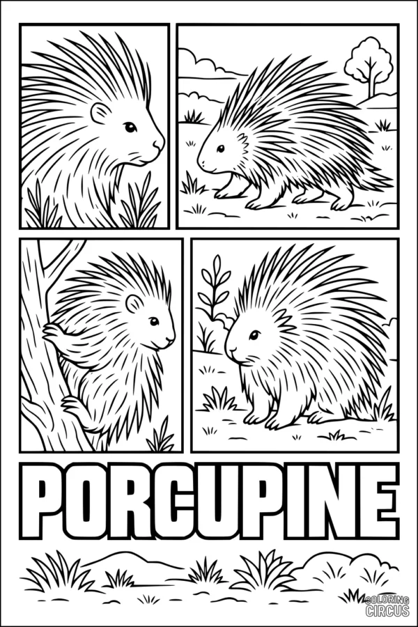 Coloring page with four cute porcupines in outdoor meadow scenes