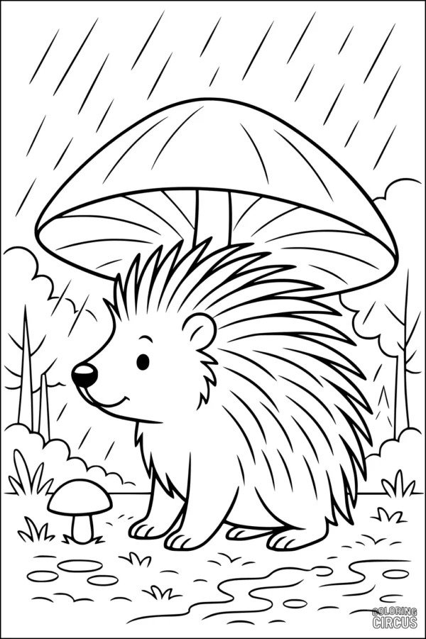 Coloring page showing a cute porcupine sheltered under a large mushroom in the rain