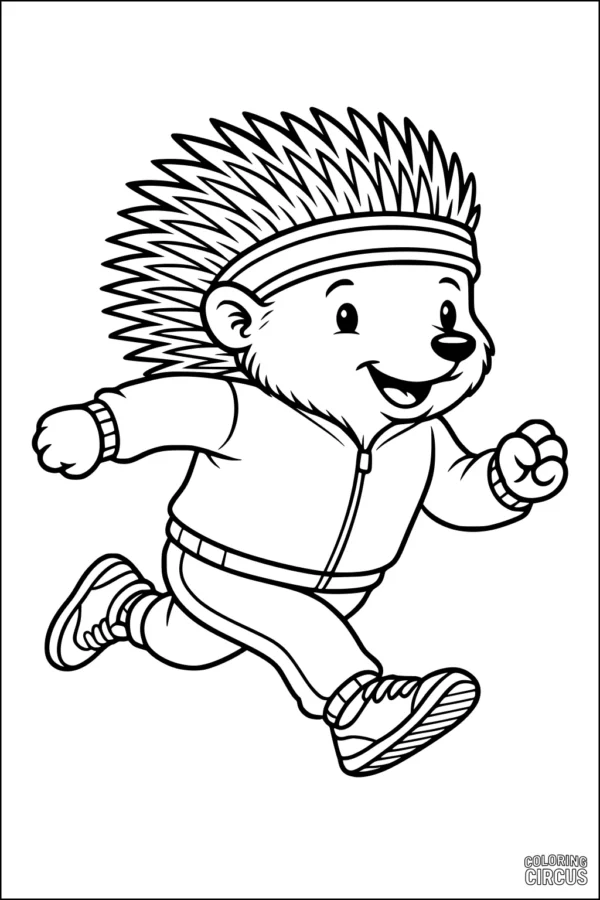 Coloring page showing a happy cartoon porcupine jogging in a tracksuit and sneakers