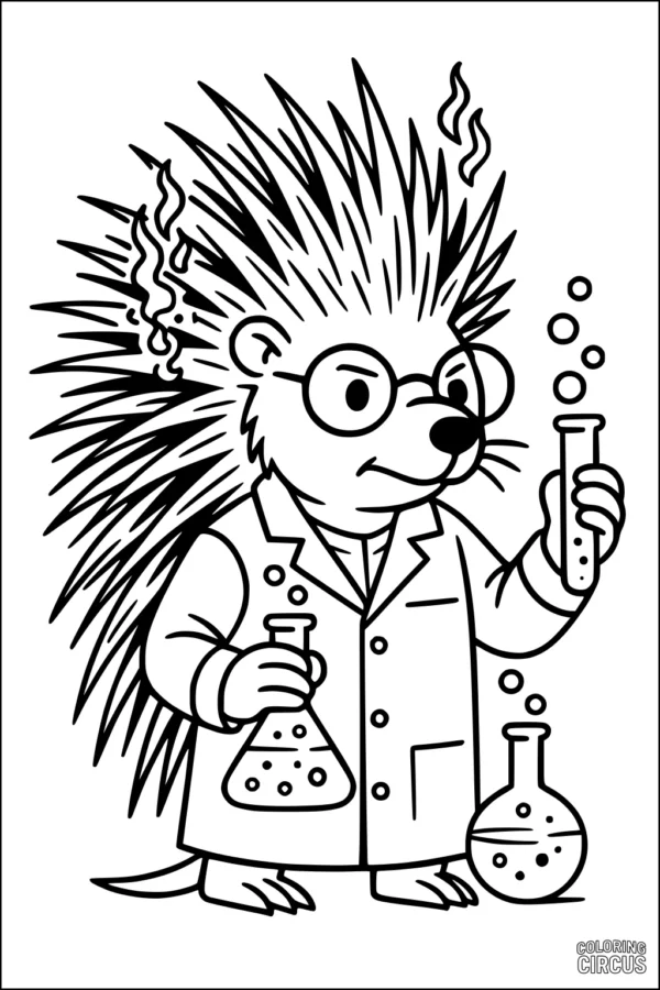 Coloring page with cartoon porcupine in a lab coat holding beakers and test tubes surrounded by bubbles