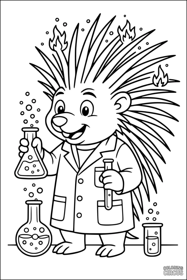 Coloring page featuring a cute porcupine scientist with flaming quills mixing chemicals in a lab setting