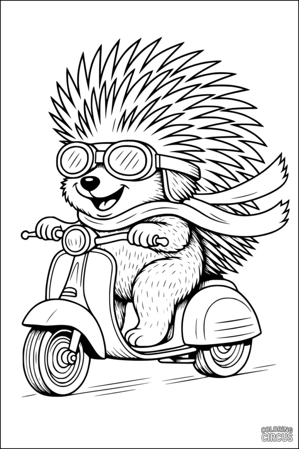 Coloring page of a smiling porcupine wearing goggles and riding a scooter