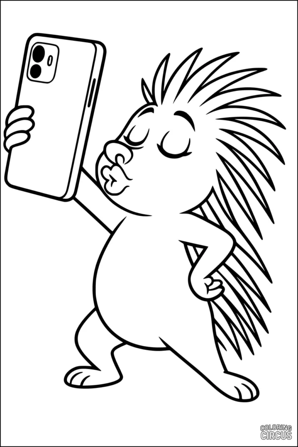 Coloring page of a cartoon porcupine taking a selfie with a phone