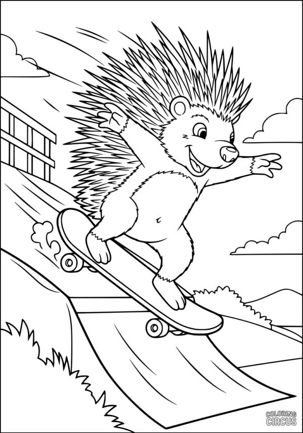 Coloring page porcupine riding skateboard down ramp at skate park with background scenery
