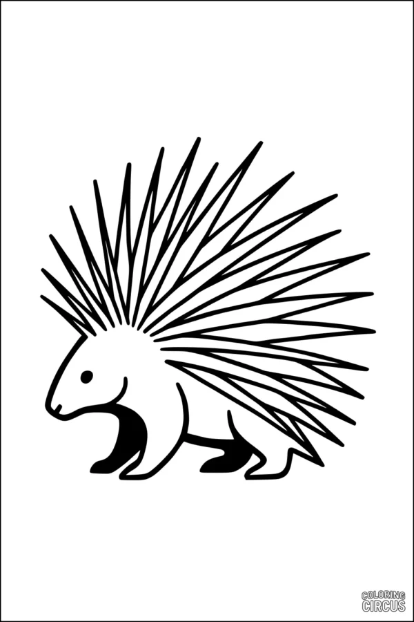 Coloring page of a simple cartoon porcupine with long quills