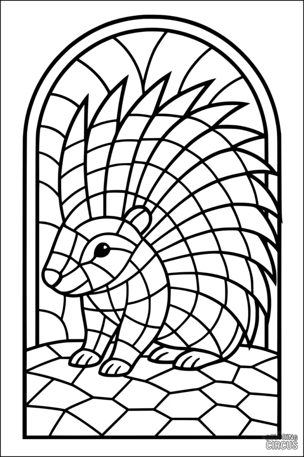 Coloring page featuring a geometric porcupine with bold quills under a patterned archway