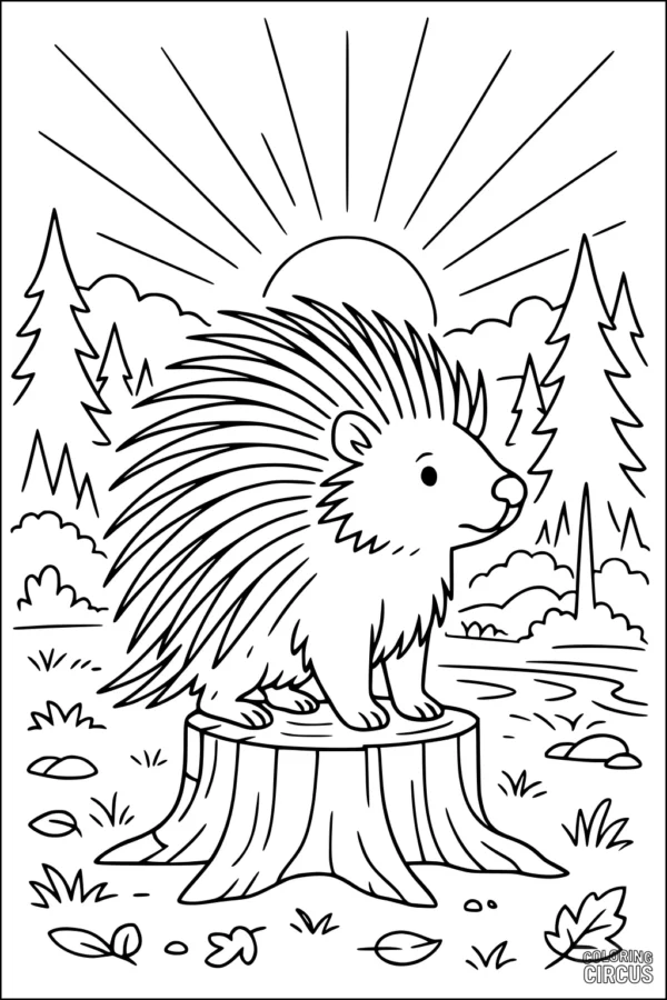 Coloring page of a cute porcupine sitting on a tree stump in the forest at sunrise
