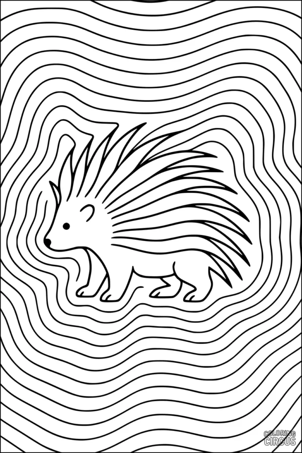 Coloring page showing a simple porcupine with wavy line background for kids