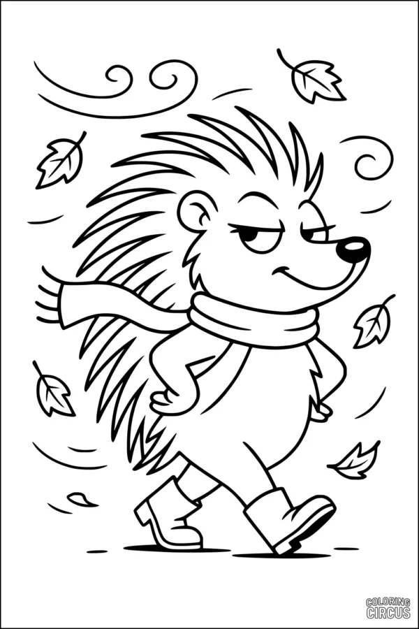 Coloring page of a cute porcupine in scarf and boots walking through swirling autumn leaves