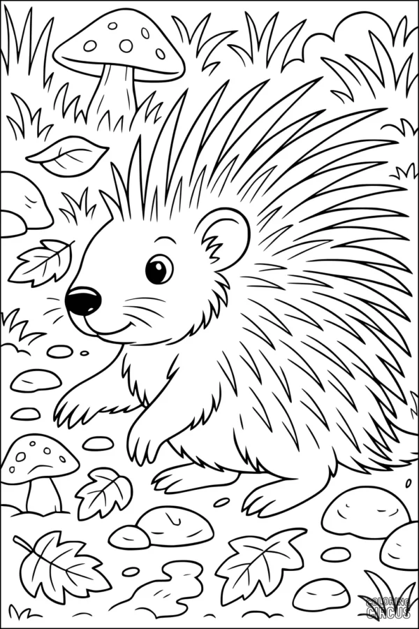 Coloring page showing a cute porcupine in a forest with mushrooms and leaves